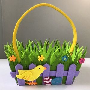 Felt Easter Basket Layered Cutouts Chick Eggs Grass Fence Flowers Spring Decor